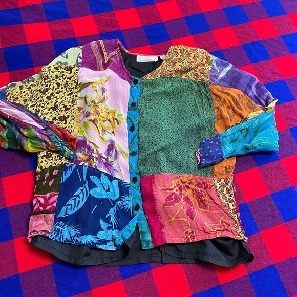 Sacred Threads Floral Multicolor Patchwork Button Boho Blouse Top Womens Small - Picture 6 of 9